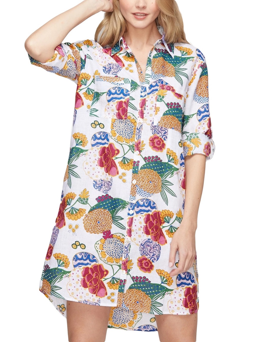 Roller Rabbit 100% Linen Cheri Floral Shirt Dress Button Front Tunic XS Roberta - Picture 1 of 8
